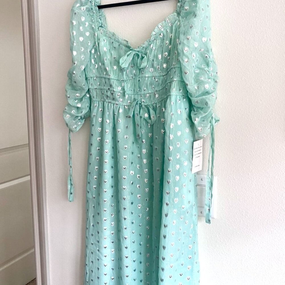 For Love & Lemons Silk Metallic Hearts Midi Dress Mint NWT